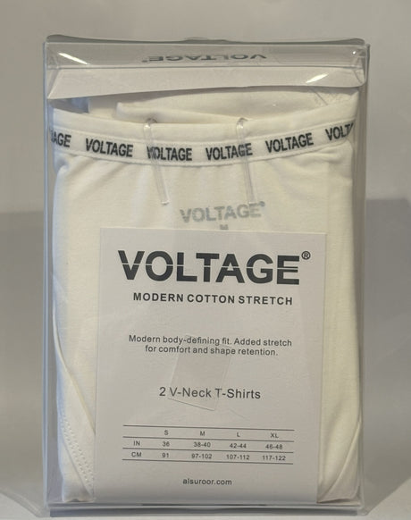 VOLTAGE V-Neck T-Shirts | Modern Cotton Stretch | 95% Cotton 5% Spandex | White | 2-Pack