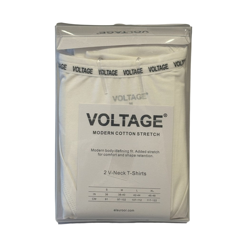 تيشيرتات VOLTAGE برقبة على شكل حرف V | قطن سترتش عصري | 95% قطن، 5% سباندكس | أبيض | عبوة من قطعتين