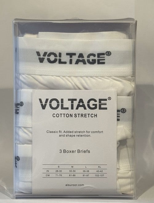 VOLTAGE Boxer Briefs | Modern Cotton Stretch | Classic Fit | 95% Cotton 5% Spandex | White | 3-Pack